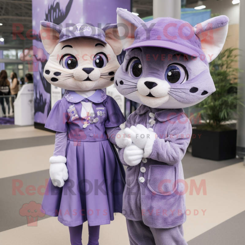 Lavender Bobcat mascot costume character dressed with a Mini Dress and Berets