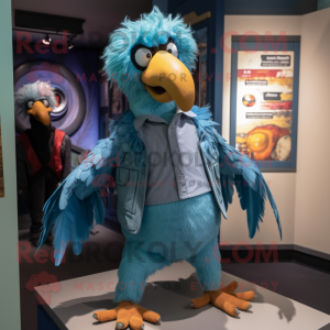 Cyan Vulture mascot costume character dressed with a Dungarees and Rings