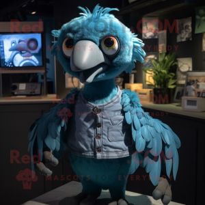 Cyan Vulture mascot costume character dressed with a Dungarees and Rings