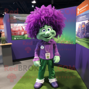 Purple Leprechaun mascot costume character dressed with a Henley Tee and Hair clips