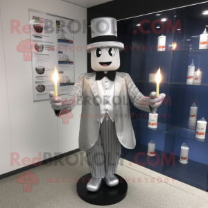 Silver Scented Candle mascot costume character dressed with a Suit Pants and Berets