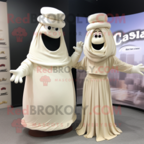 Cream Cyclops mascot costume character dressed with a Maxi Dress and Berets