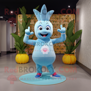 Sky Blue Pineapple mascot costume character dressed with a Yoga Pants and Rings