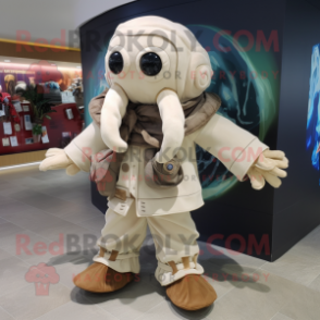 Cream Kraken mascot costume character dressed with a Bomber Jacket and Shawls