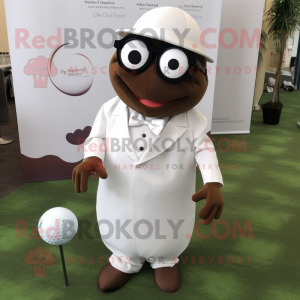 Brown Golf Ball mascot costume character dressed with a Wedding Dress and Reading glasses