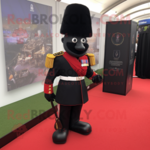 Black British Royal Guard mascot costume character dressed with a Vest and Clutch bags