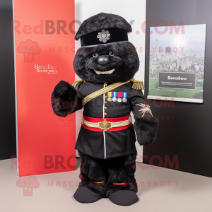 Black British Royal Guard mascot costume character dressed with a Vest and Clutch bags