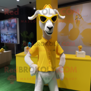 Lemon Yellow Goat mascot costume character dressed with a Polo Tee and Ties