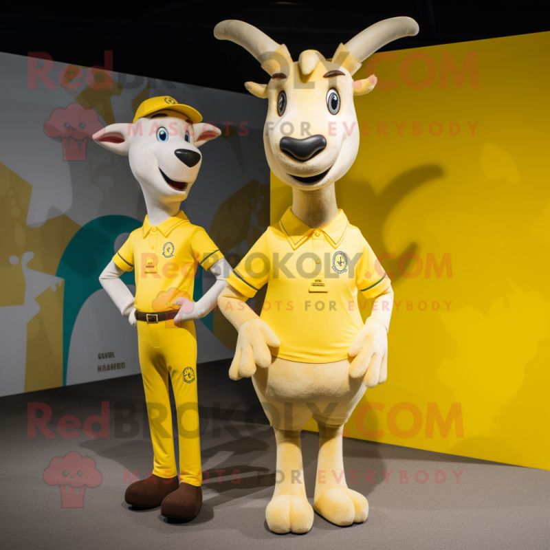 Lemon Yellow Goat mascot costume character dressed with a Polo Tee and Ties