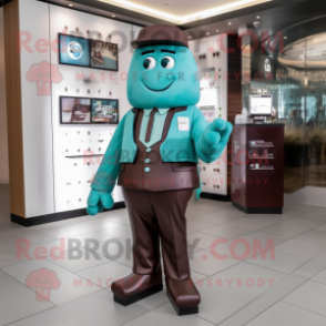 Teal Chocolate Bar mascot costume character dressed with a Suit Pants and Belts