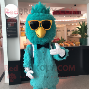Teal Fried Chicken mascot costume character dressed with a Long Sleeve Tee and Sunglasses