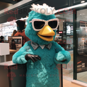 Teal Fried Chicken mascot costume character dressed with a Long Sleeve Tee and Sunglasses