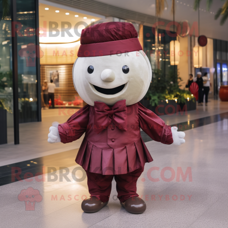 Maroon Dim Sum mascot costume character dressed with a Chinos and Bow ties