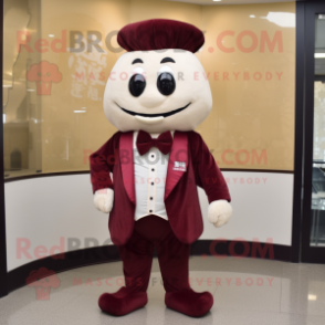 Maroon Dim Sum mascot costume character dressed with a Chinos and Bow ties