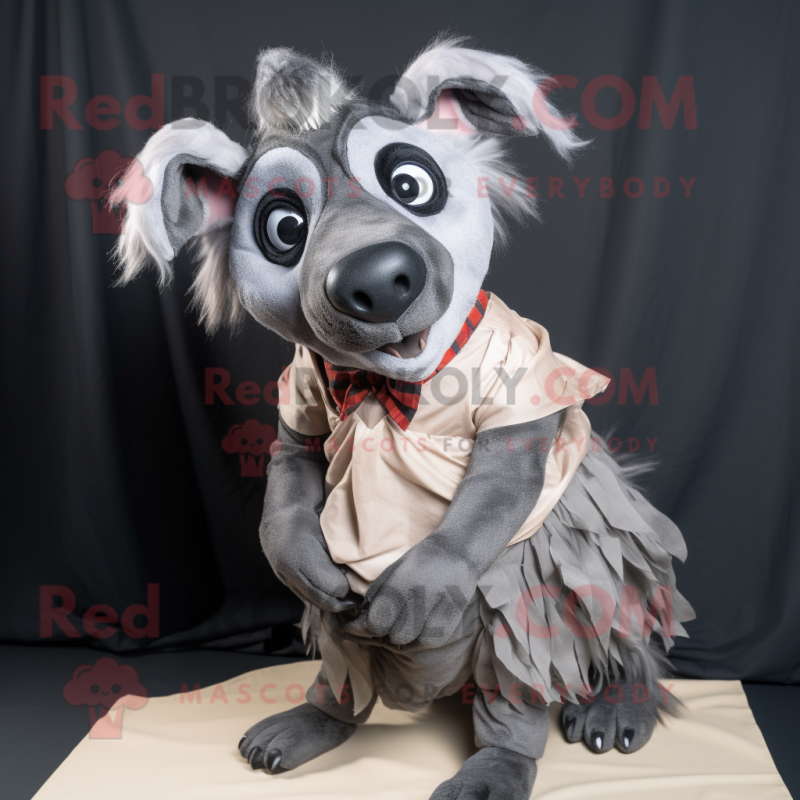 Gray Hyena mascot costume character dressed with a Wrap Skirt and Ties
