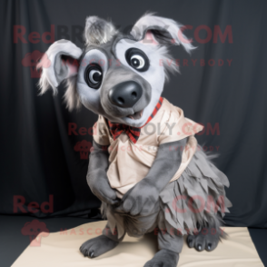 Gray Hyena mascot costume character dressed with a Wrap Skirt and Ties