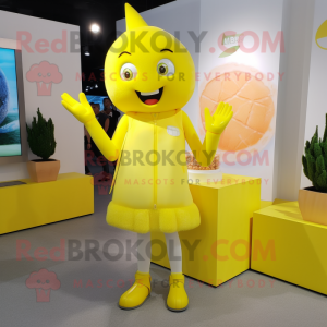 Lemon Yellow Ice mascot costume character dressed with a Pencil Skirt and Earrings