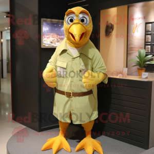 Olive Butter Chicken mascot costume character dressed with a Cardigan and Belts