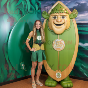 Green Celtic Shield mascot costume character dressed with a One-Piece Swimsuit and Brooches