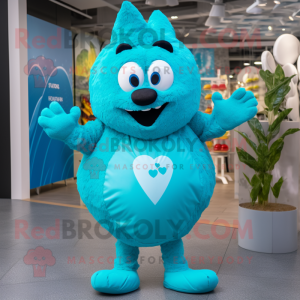 Turquoise Heart mascot costume character dressed with a Coat and Foot pads