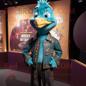 Teal Tikka Masala mascot costume character dressed with a Leather Jacket and Lapel pins