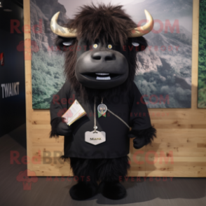 Black Yak mascot costume character dressed with a Sweatshirt and Tie pins