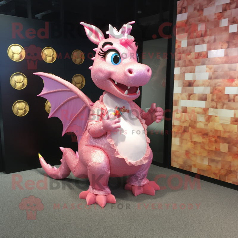 Pink Dragon mascot costume character dressed with a Dress and Coin purses