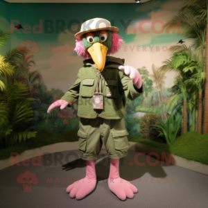 Olive Flamingo mascot costume character dressed with a Bermuda Shorts and Berets