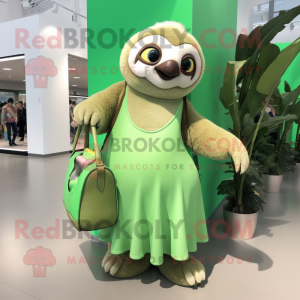 Green Sloth mascot costume character dressed with a Maxi Skirt and Handbags