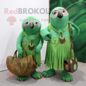 Green Sloth mascot costume character dressed with a Maxi Skirt and Handbags