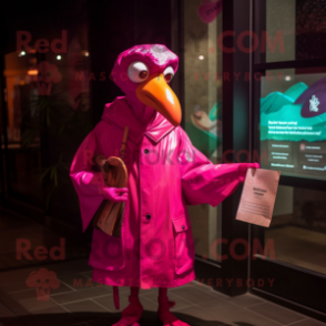 Magenta Flamingo mascot costume character dressed with a Raincoat and Wallets