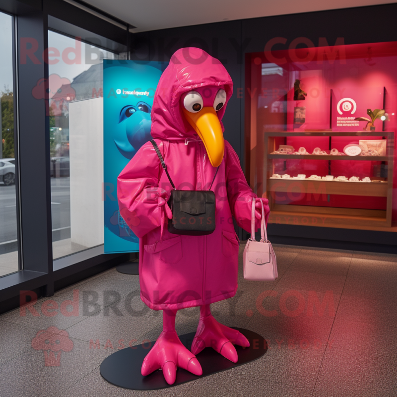 Magenta Flamingo mascot costume character dressed with a Raincoat and Wallets