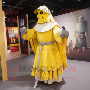 Yellow Medieval Knight mascot costume character dressed with a Skirt and Shawl pins