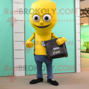 Lemon Yellow Falafel mascot costume character dressed with a Skinny Jeans and Wallets