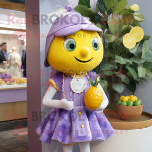 Lavender Lemon mascot costume character dressed with a Mini Dress and Necklaces