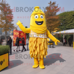Yellow French Fries mascot costume character dressed with a Jumpsuit and Scarves