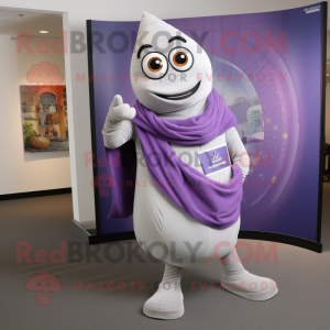Lavender Gyro mascot costume character dressed with a Jeggings and Shawl pins