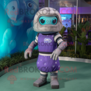 Lavender American Football Helmet mascot costume character dressed with a Midi Dress and Rings