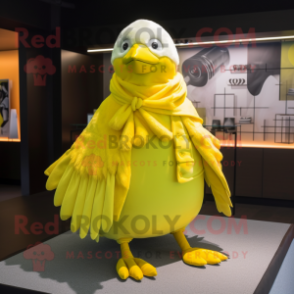 Lemon Yellow Pigeon mascot costume character dressed with a Coat and Wraps