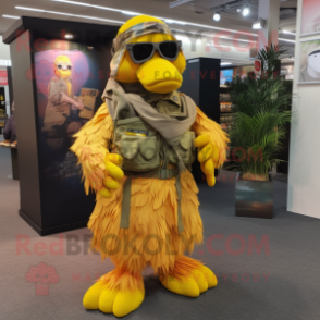 Yellow Special Air Service mascot costume character dressed with a Maxi Skirt and Wraps