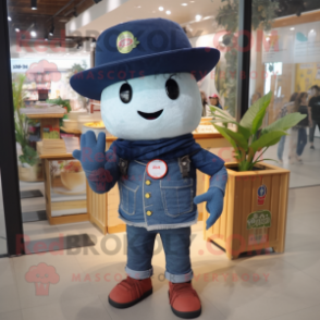 Navy Miso Soup mascot costume character dressed with a Denim Shorts and Hat pins
