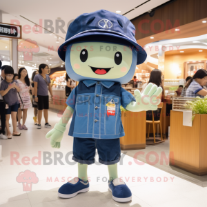 Navy Miso Soup mascot costume character dressed with a Denim Shorts and Hat pins