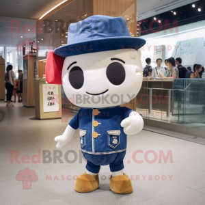 Navy Miso Soup mascot costume character dressed with a Denim Shorts and Hat pins