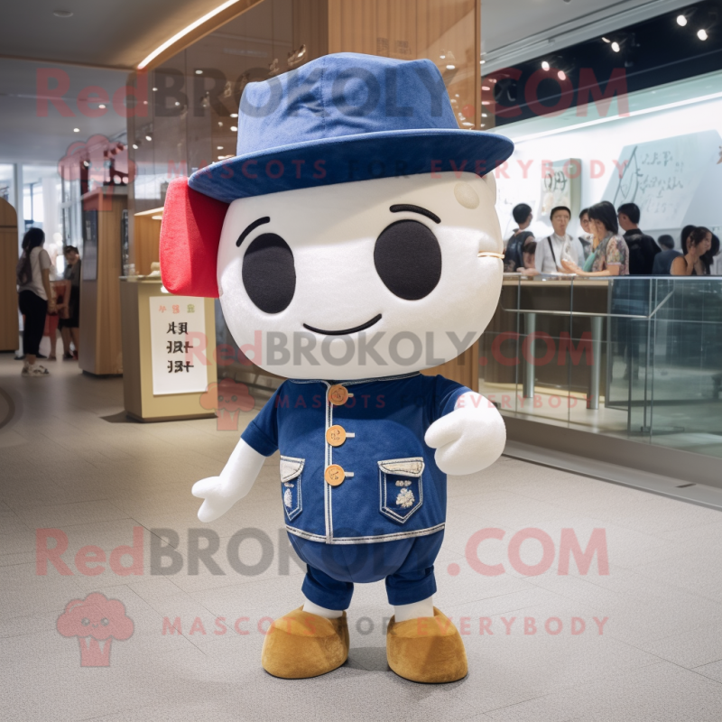 Navy Miso Soup mascot costume character dressed with a Denim Shorts and Hat pins