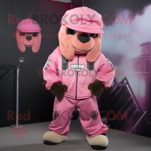 Pink Marine Recon mascot costume character dressed with a Henley Tee and Beanies