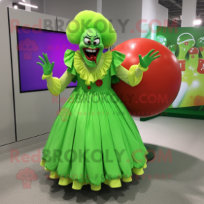 Lime Green Evil Clown mascot costume character dressed with a Circle Skirt and Handbags