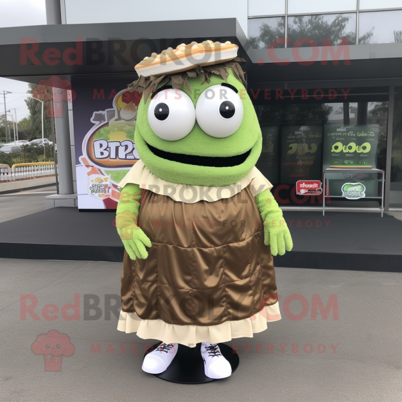 Olive Pulled Pork Sandwich mascot costume character dressed with a Maxi Skirt and Shoe laces