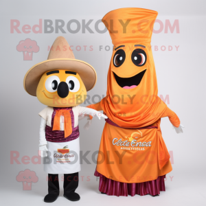 Orange Fajitas mascot costume character dressed with a Empire Waist Dress and Pocket squares