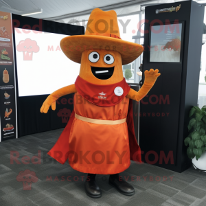 Orange Fajitas mascot costume character dressed with a Empire Waist Dress and Pocket squares