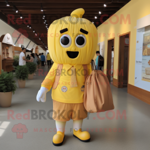 Yellow Ice Cream mascot costume character dressed with a Button-Up Shirt and Tote bags